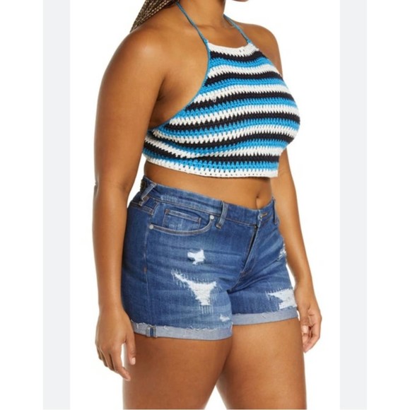 NWT BP.Crochet Halter Crop Top In Women's L Blue-Black Ziggy Stripe - Picture 1 of 4
